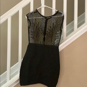 Black and gold mesh top fitted dress